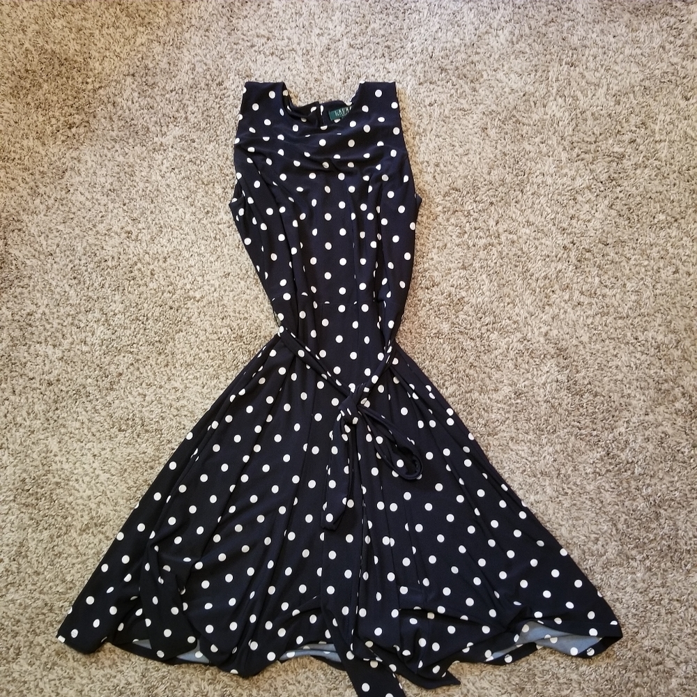 Ralph Lauren Navy Polka Dot Belted Dress